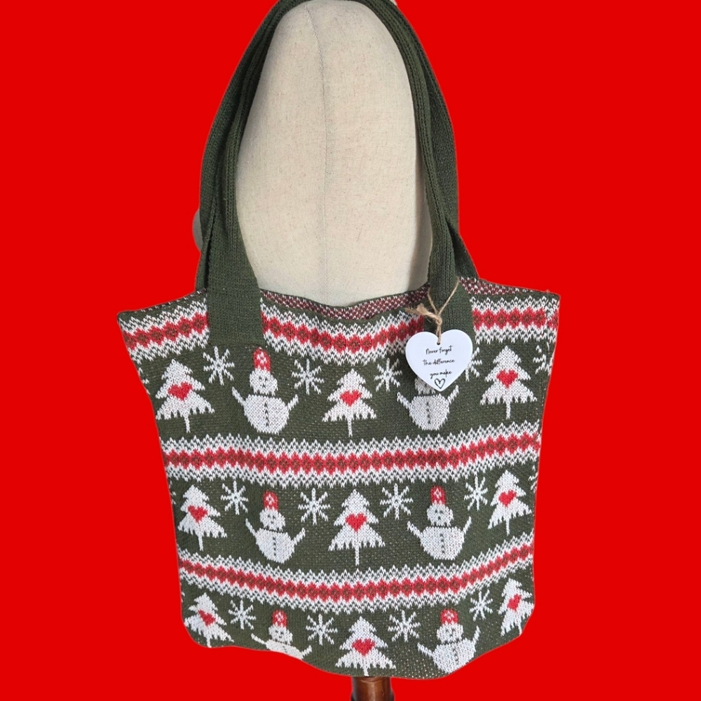 Holiday, Christmas Green Knitted Tote Bag with Snowman Pattern